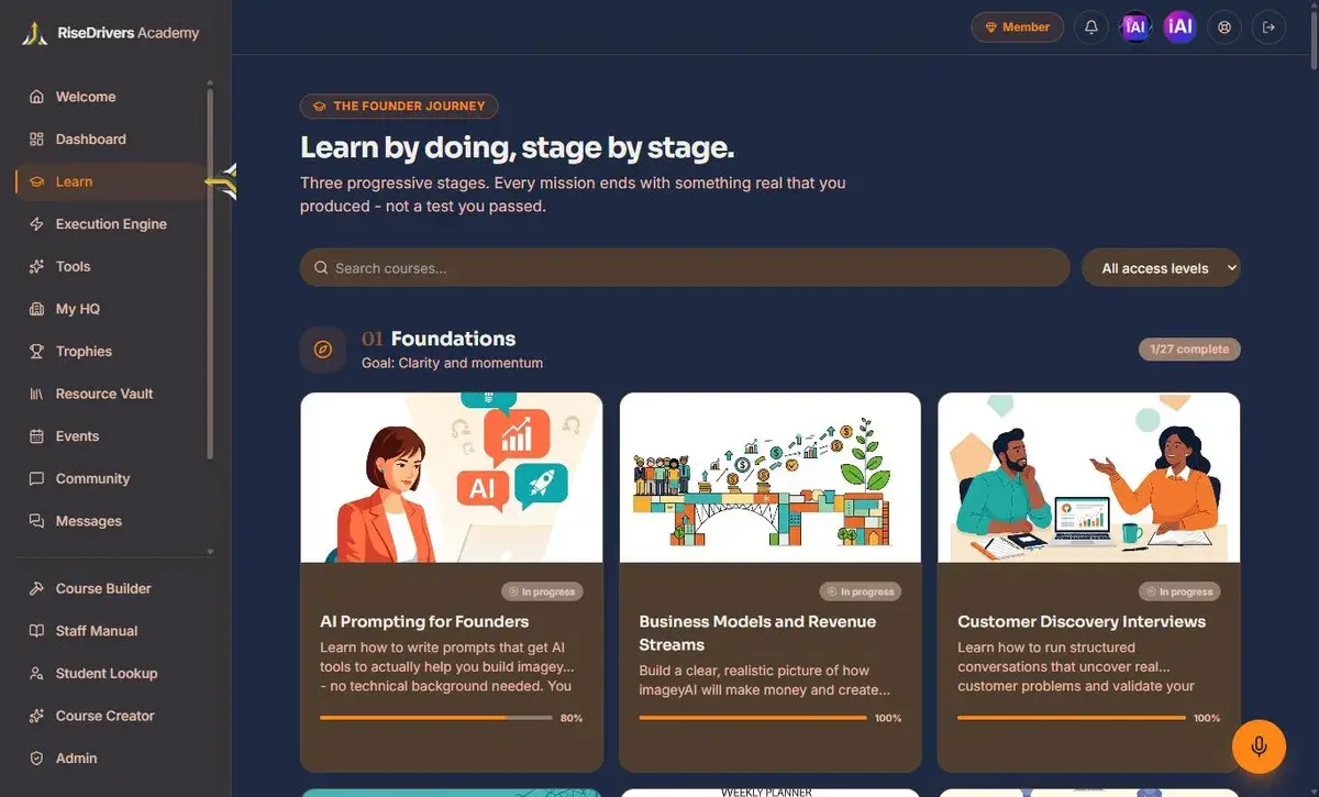 The Academy's Learn page, showing the Foundations stage of the course library