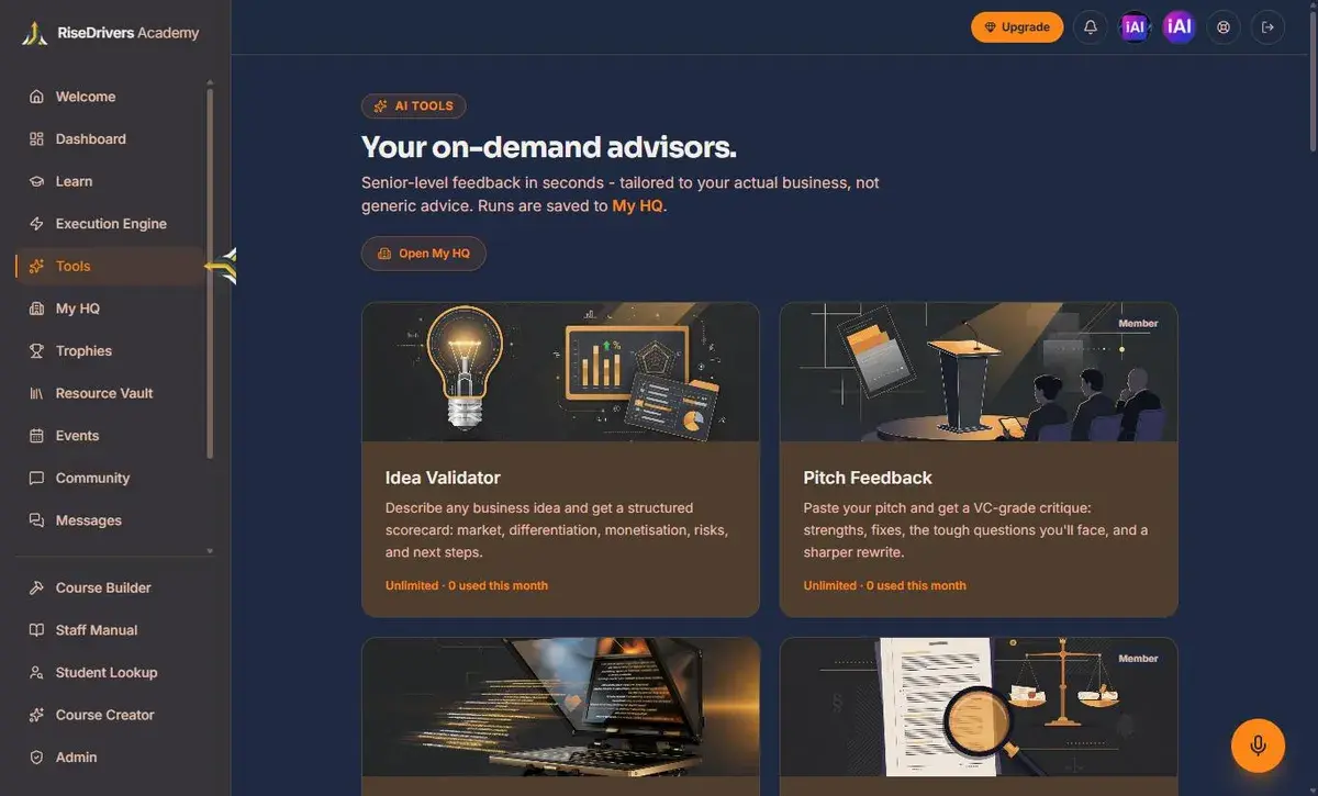 The Academy's AI tools page, showing the Idea Validator and Pitch Feedback tools